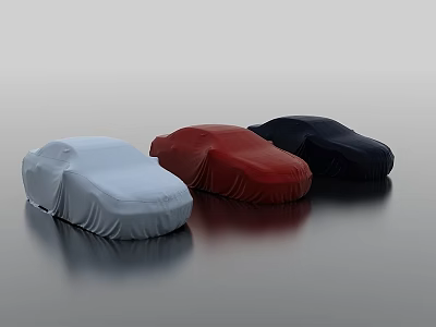 Three Covered Cars In Light Blue Red Dark Blue On Smooth Black Surface 3d model