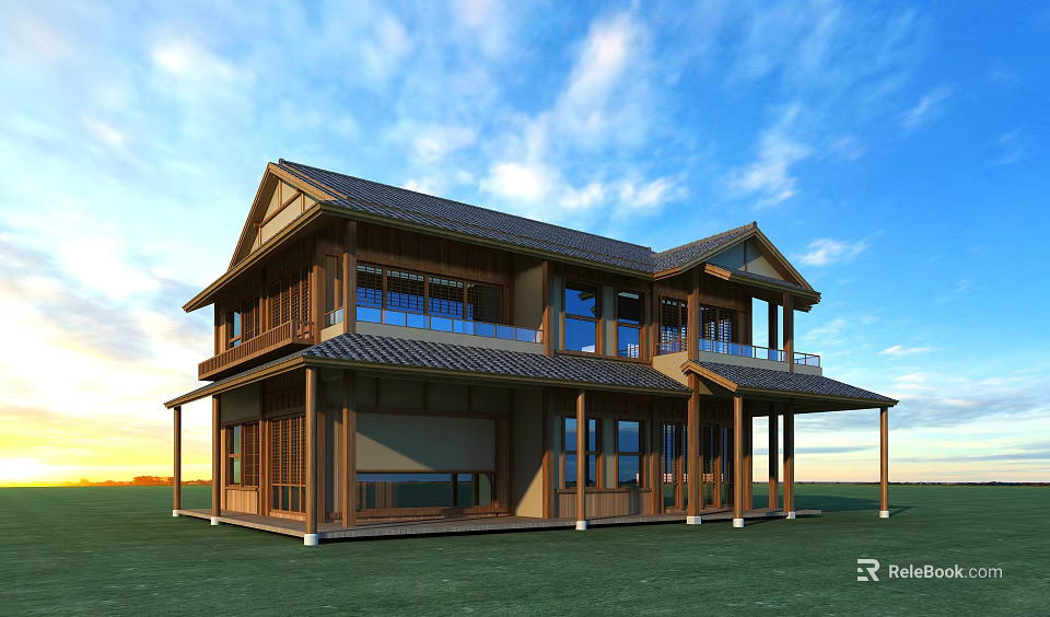 Chinese Style Two Story Detached Villa With Tile Roof Large Windows And Grass Lawn 3d model 