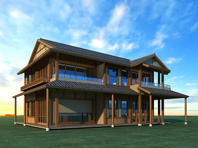 Chinese Style Two Story Detached Villa With Tile Roof Large Windows And Grass Lawn 3d model