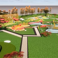 Scenic Park Landscape With Lush Green Lawns Colorful Trees Orange Pavilion And Winding Paths