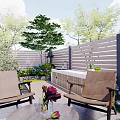Garden With Circular Stone Patio Round Table Flowers Brown Chairs Surrounding Stones And Blue Blooms