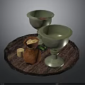 Decorative Round Tray With Green Goblets Brown Bag Gold Coins And Coin Rolls