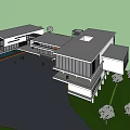 Modern Architectural Design With Large Glass Windows White Structure Green Lawn Trees And Fence