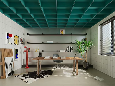 Modern Office Interior Design With Teal Ceiling White Walls Shelves Wooden Desk And Potted Plant 3d model