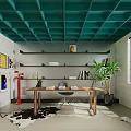 Modern Office Interior Design With Teal Ceiling White Walls Shelves Wooden Desk And Potted Plant