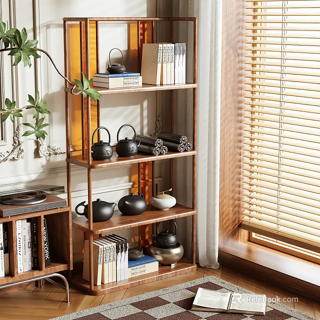 Wooden Multi tiered Display Shelf With Teapots Books And Decorative Items By Window 3d model 