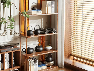 Wooden Multi tiered Display Shelf With Teapots Books And Decorative Items By Window 3d model
