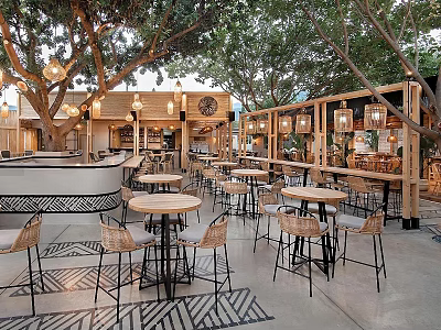 Outdoor Restaurant With Trees Wooden Structure Hanging Lights And Patterned Floor 3d model