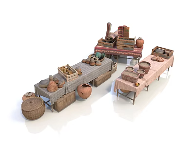 Scenic Rural Landscape Featuring Traditional Craft Stalls With Pottery And Baskets 3d model