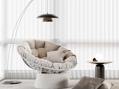 Beige Padded Round Armchair With Velvet Fabric In Modern Interior With Floor Lamp Side Table 3d model