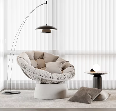 Beige Padded Round Armchair With Velvet Fabric In Modern Interior With Floor Lamp Side Table 3d model