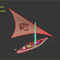 Traditional Wooden Water Vessel With Sail Featuring Red Eye Symbol and Small Candle Holders