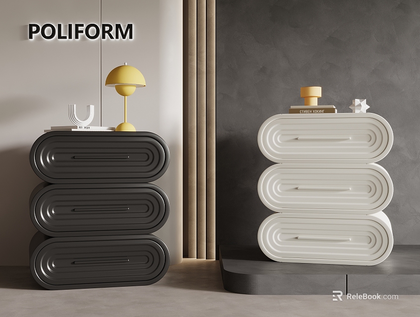 Modern Black And White Nightstands With Stylish Curved Drawer Design 3d model 