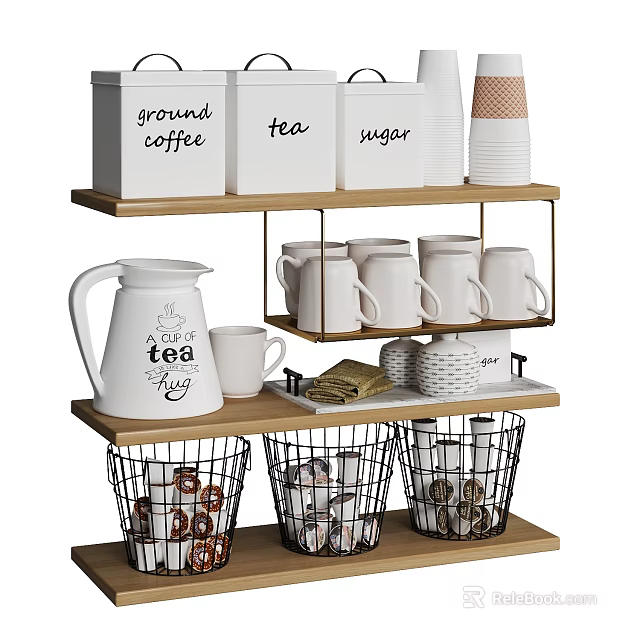 Tableware Set With Coffee Tea Sugar Jars Mugs Teapot And Wire Baskets On Shelves 3d model