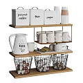 Tableware Set With Coffee Tea Sugar Jars Mugs Teapot And Wire Baskets On Shelves 3d model