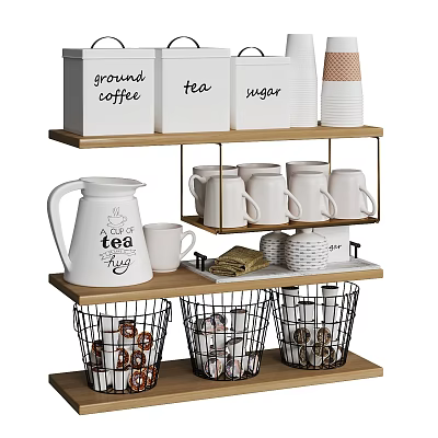 Tableware Set With Coffee Tea Sugar Jars Mugs Teapot And Wire Baskets On Shelves 3d model