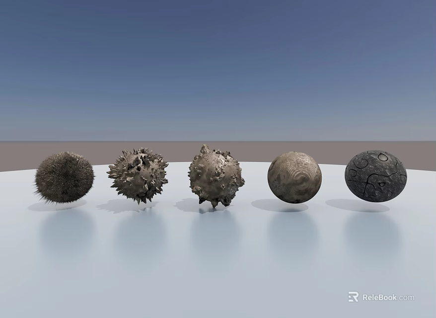 Five Various Textured Spherical Sculptures With Artistic Surface Patterns 3d model 