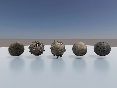 Five Various Textured Spherical Sculptures With Artistic Surface Patterns 3d model