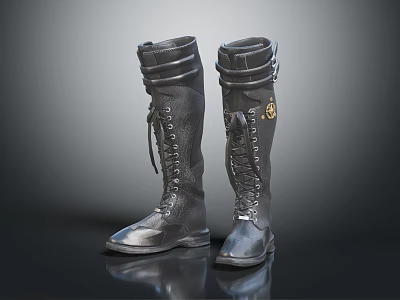Classic Black Knee High Leather Boots With Lace Up Design And Decorative Badge 3d model