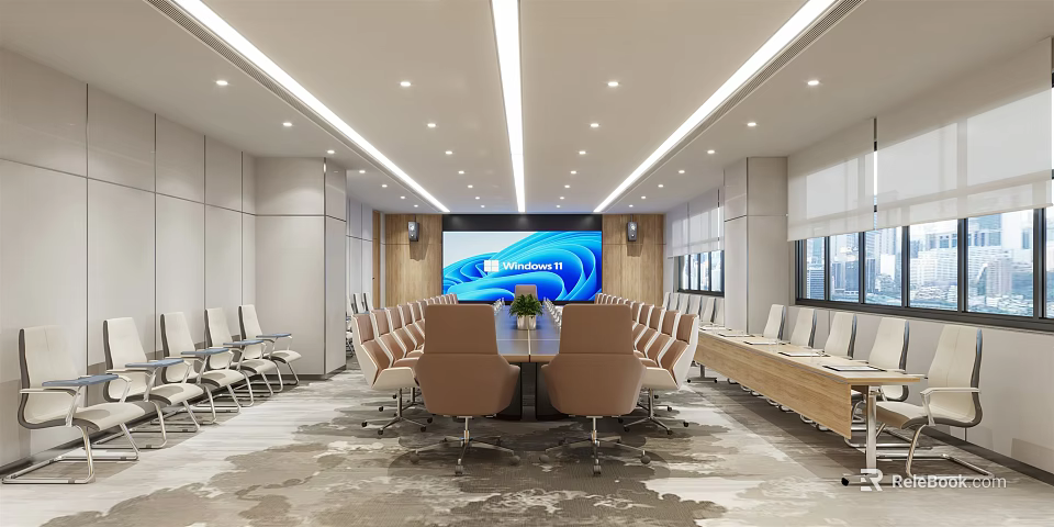 Modern Conference Room Interior Design With Large Screen Long Table And Ergonomic Chairs 3d model 