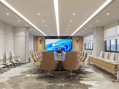Modern Conference Room Interior Design With Large Screen Long Table And Ergonomic Chairs 3d model