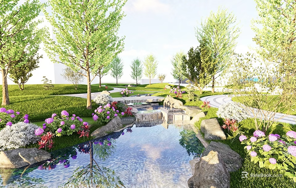 Waterside Landscape With Green Lawn Trees Flowers Stone Paths And Pond Reflection 3d model 
