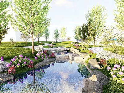 Waterside Landscape With Green Lawn Trees Flowers Stone Paths And Pond Reflection 3d model