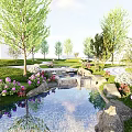 Waterside Landscape With Green Lawn Trees Flowers Stone Paths And Pond Reflection