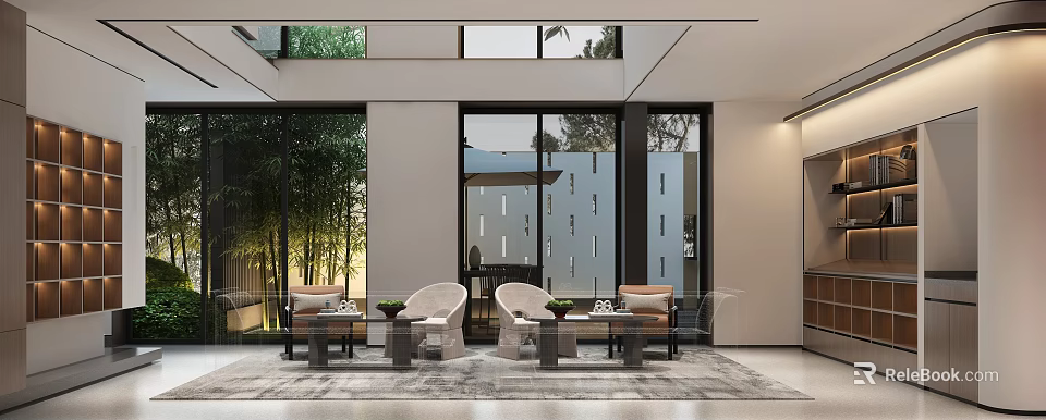 Modern Reception Room Interior With Large Glass Windows And Green Plant Views 3d model 