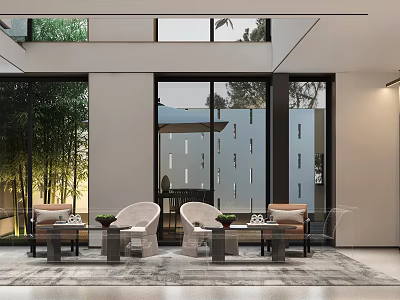 Modern Reception Room Interior With Large Glass Windows And Green Plant Views 3d model