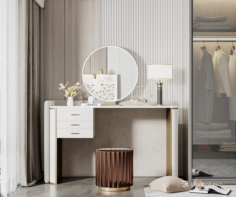 Modern Dressing Table with Round Mirror Table Lamp and Drawers Against Striped Wall 3d model 
