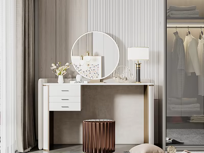 Modern Dressing Table with Round Mirror Table Lamp and Drawers Against Striped Wall 3d model