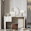 Modern Dressing Table with Round Mirror Table Lamp and Drawers Against Striped Wall 3d model
