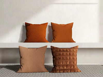 Orange and Brown Textured Throw Pillows on White Wall Shelf in Modern Room 3d model