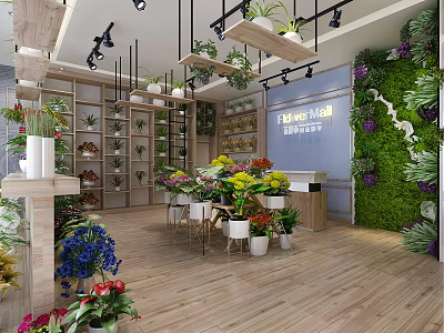 Modern Florist Shop With Open Layout Green Plant Wall Flower Shelves And Fresh Flowers 3d model