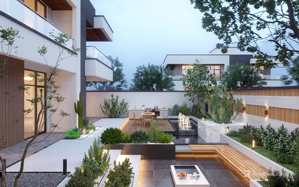 Modern Courtyard Garden With Outdoor Dining Set Water Feature Green Plants And Lighting 3d model 