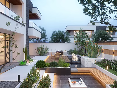 Modern Courtyard Garden With Outdoor Dining Set Water Feature Green Plants And Lighting 3d model