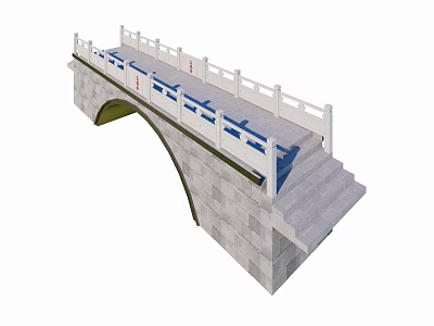 Stone Arch Landscape Bridge With White Railings Red Decorations And Steps 3d model