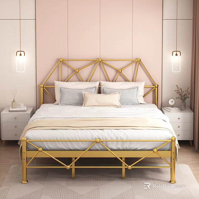 Modern Double Bed With Gold Metal Frame Geometric Headboard And White Bedding 3d model 