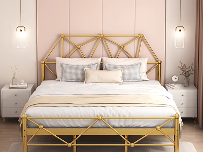 Modern Double Bed With Gold Metal Frame Geometric Headboard And White Bedding 3d model