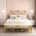 Modern Double Bed With Gold Metal Frame Geometric Headboard And White Bedding