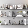 Modern Decorative Ornament Set With Sculptures Books Vases Small Plant And Table Lamp On Shelf