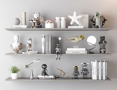 Modern Decorative Ornament Set With Sculptures Books Vases Small Plant And Table Lamp On Shelf 3d model