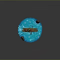 Lizard Creature Fishing On Wooden Raft With Blue Water And Decorative Rocks