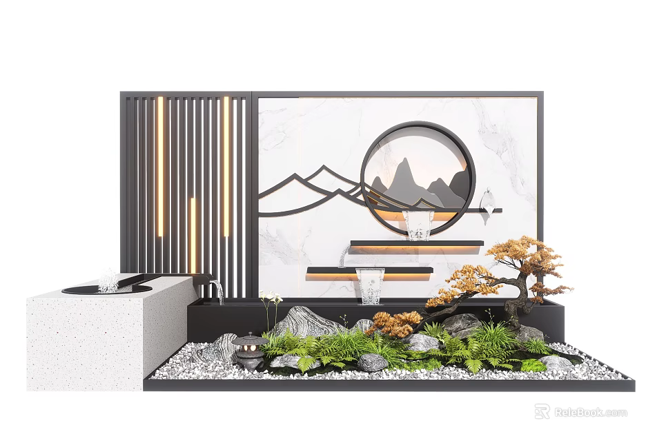 Modern Chinese Feature Wall Design With Circular Mountain Pattern Lighting Green Plants And Pebbles 3d model