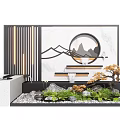 Modern Chinese Feature Wall Design With Circular Mountain Pattern Lighting Green Plants And Pebbles 3d model