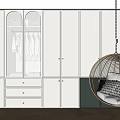 Modern Minimalist Closet Design With Glass Panel Doors Drawers And Rattan Swing Chair