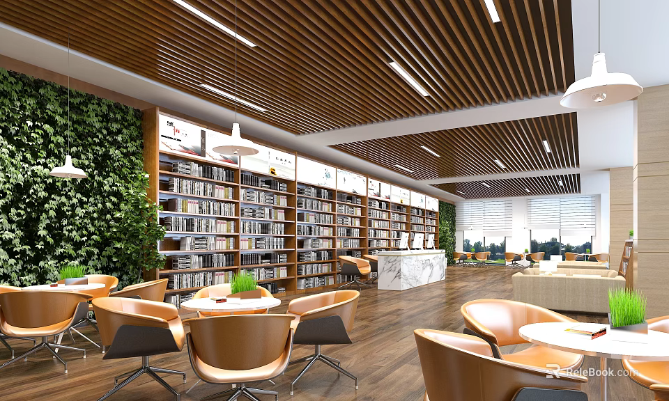 Book Art Themed Library Interior With Wooden Bookshelves Green Plant Wall And Cozy Seating Areas 3d model 