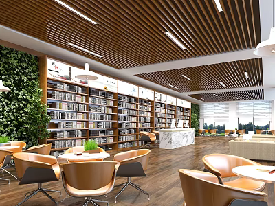 Book Art Themed Library Interior With Wooden Bookshelves Green Plant Wall And Cozy Seating Areas 3d model