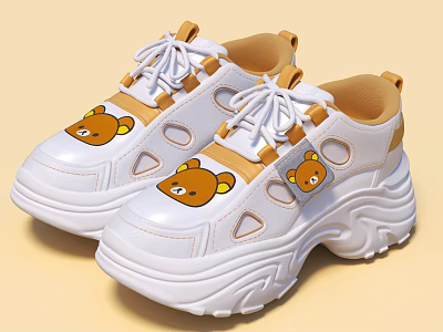 Trendy White Lace Up Platform Sneakers With Cute Bear Designs And Yellow Accents 3d model